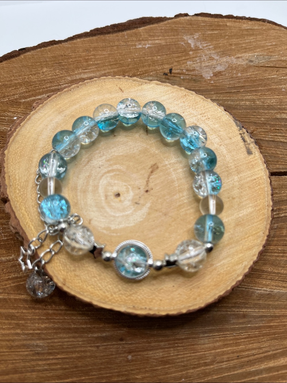 Galaxy Star Bracelet in Light Blue and Clear Two Toned Beads